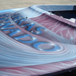 Jet boat airbrushed with Red Wine Candy, Electric Blue, Silver Platinum Ghost Pearl.