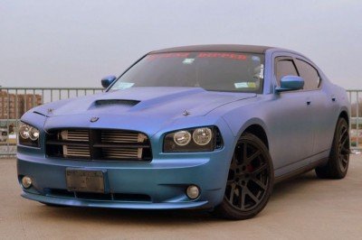 Chameleon Dodge Charger with matte finish Blue to Purple Chameleon paint pigment on it.