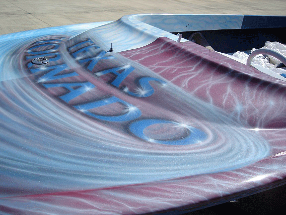 Jet boat airbrushed with Red Wine Candy, Electric Blue, Silver Platinum Ghost Pearl.