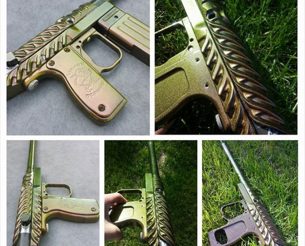 Paintball gun with 4739CS Gold Green Bronze Chameleon Paint powder coated on the surface.