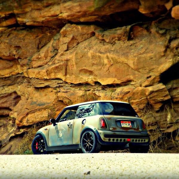 The Not a rust bucket Mini Cooper at Red Rocks.